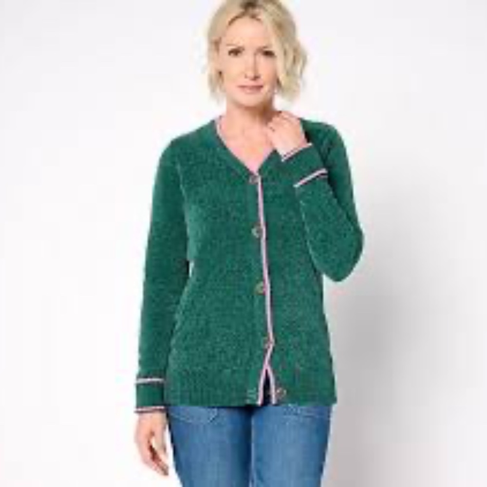 Belle by Kim Gravel Tippity Topsy Green Pink Chenille Cardigan XXS Sweater NWOT - Picture 2 of 15